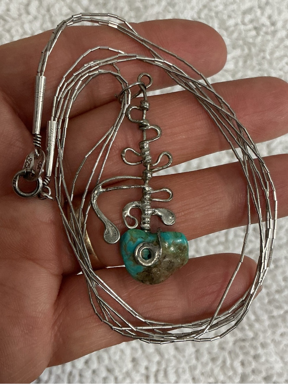 Vintage 3 Strand Liquid Silver Necklace with Crafted Fish Skeleton Pendant